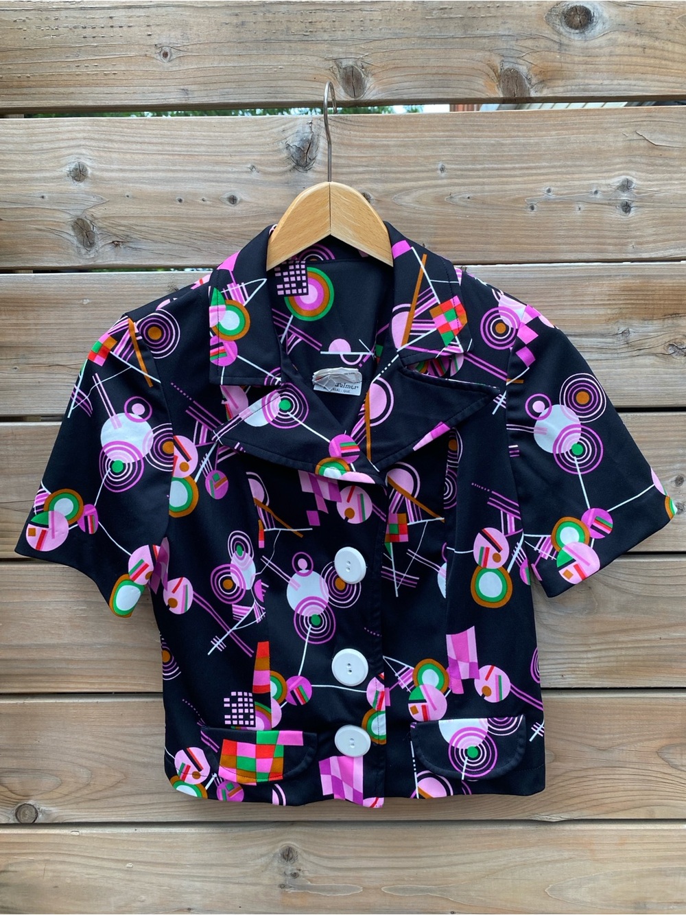 Vintage 70s Black & Pink Geometric Graphic Print Short Sleeve Cropped Blouse